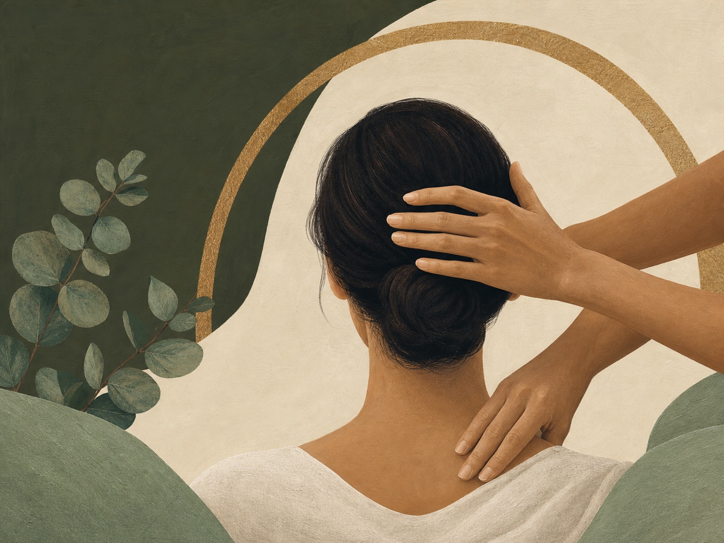Editorial illustration of an anonymous seated person receiving gentle, consent-led touch around the head and shoulders.