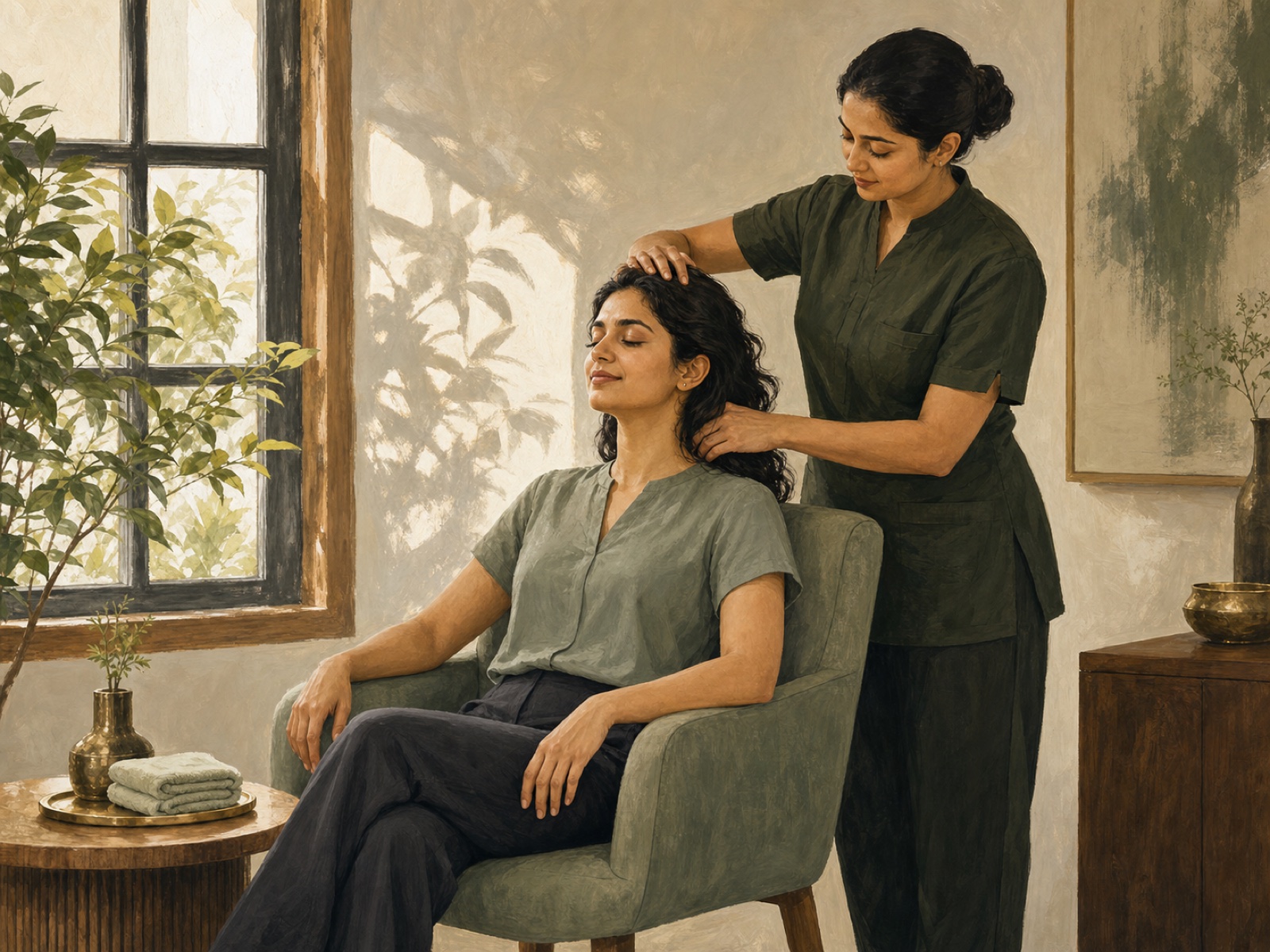 A client in contemporary clothing receiving an attentive seated head and shoulder massage in a warm home interior.