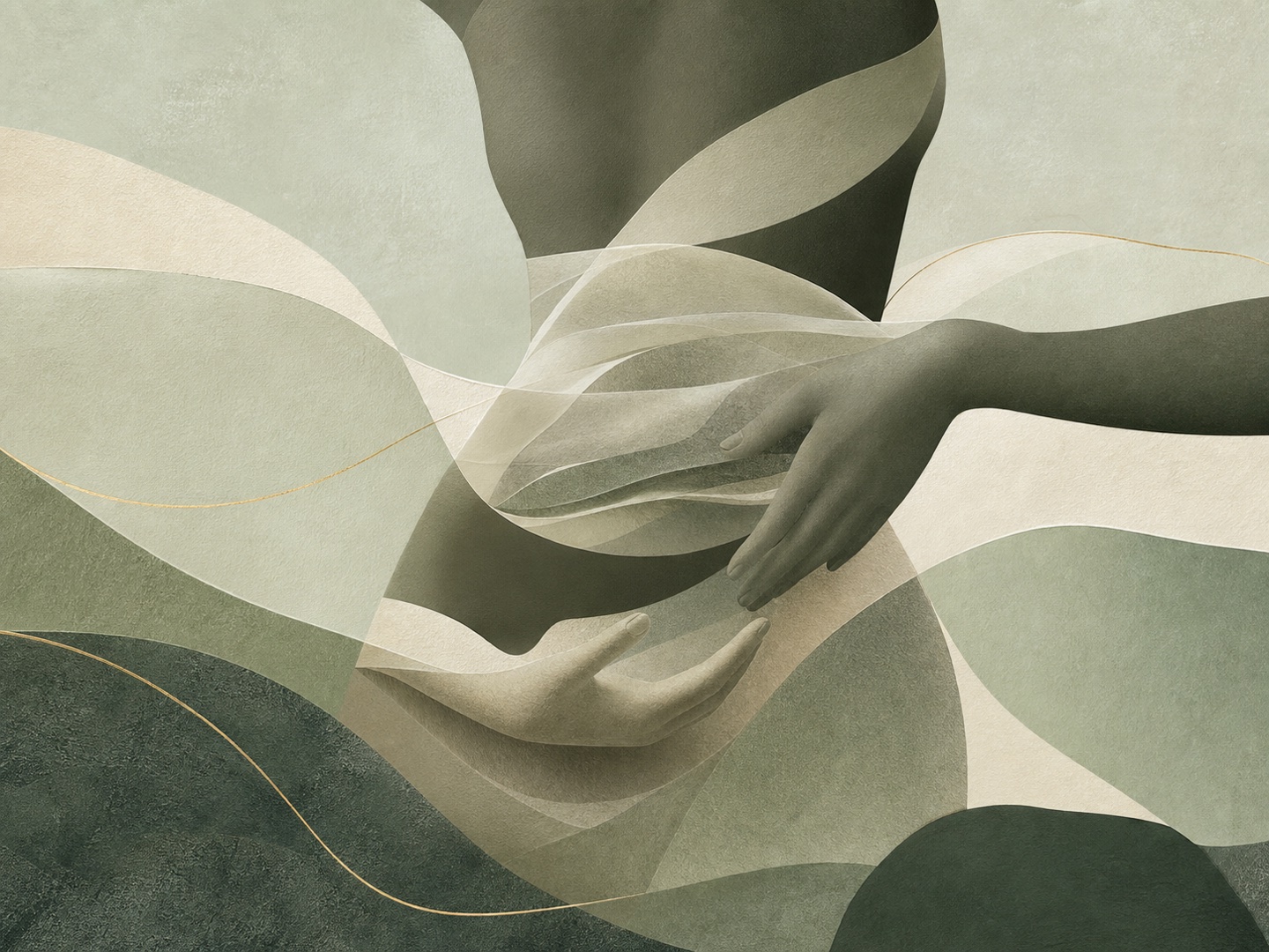 Abstract olive and sage editorial artwork with flowing translucent forms and caring hands.