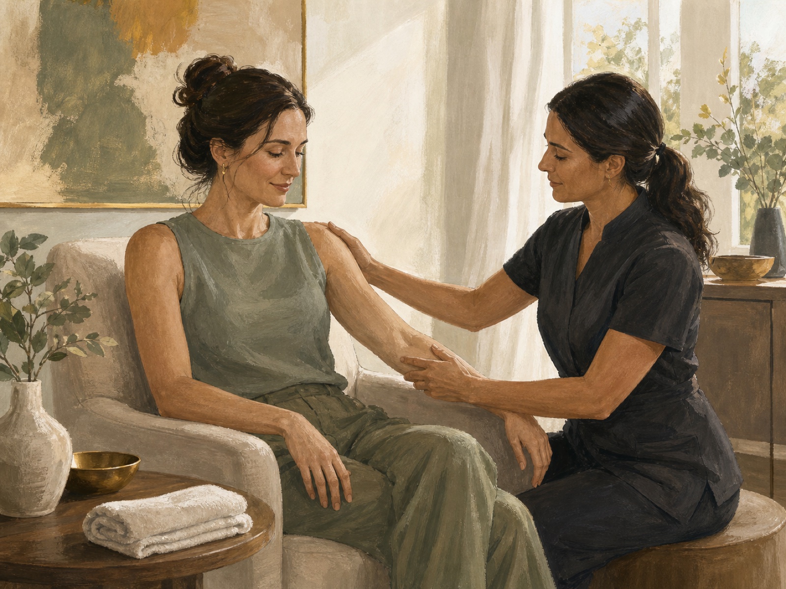 Two women in contemporary clothing during a gentle, seated wellness treatment focused on the arm and shoulder.