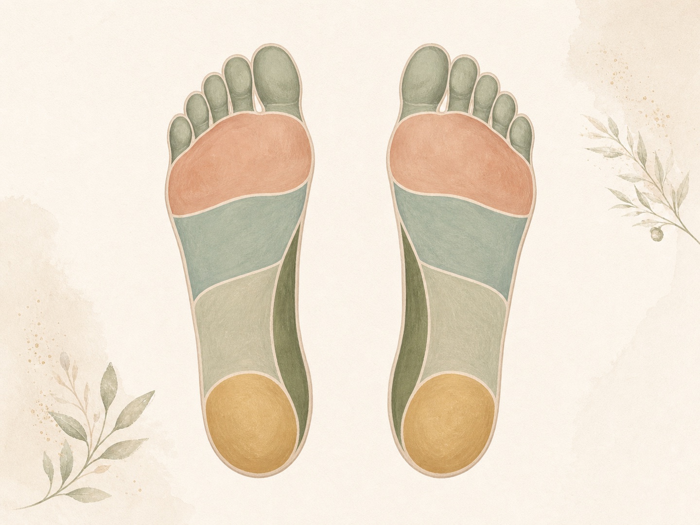 Editorial illustration of two foot soles divided into softly colored traditional reflexology regions.