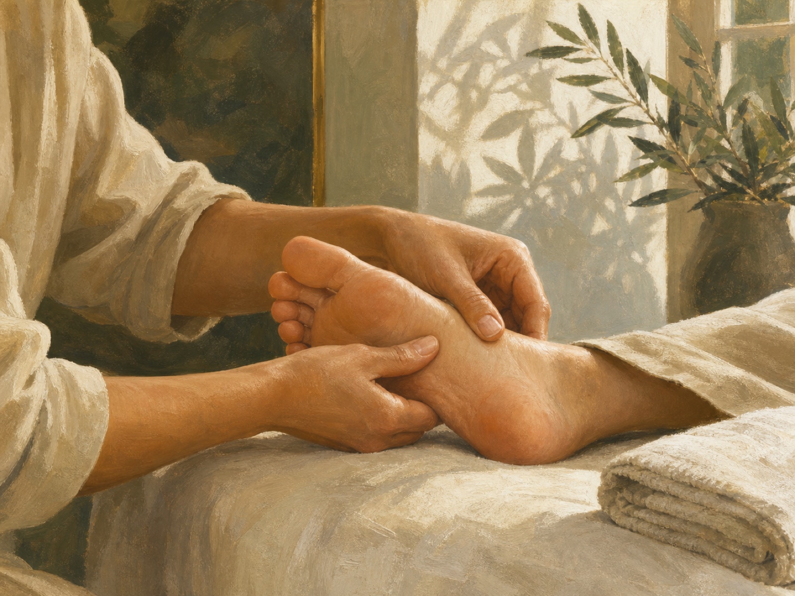 Warm editorial illustration of attentive hands applying measured pressure to the sole of a supported foot.
