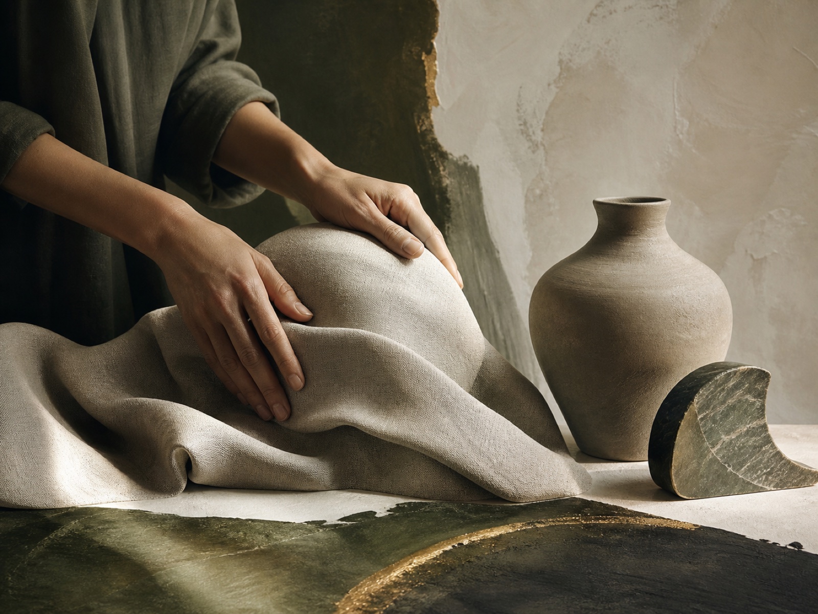 Editorial still life of hands shaping a curved linen form beside clay and stone objects.
