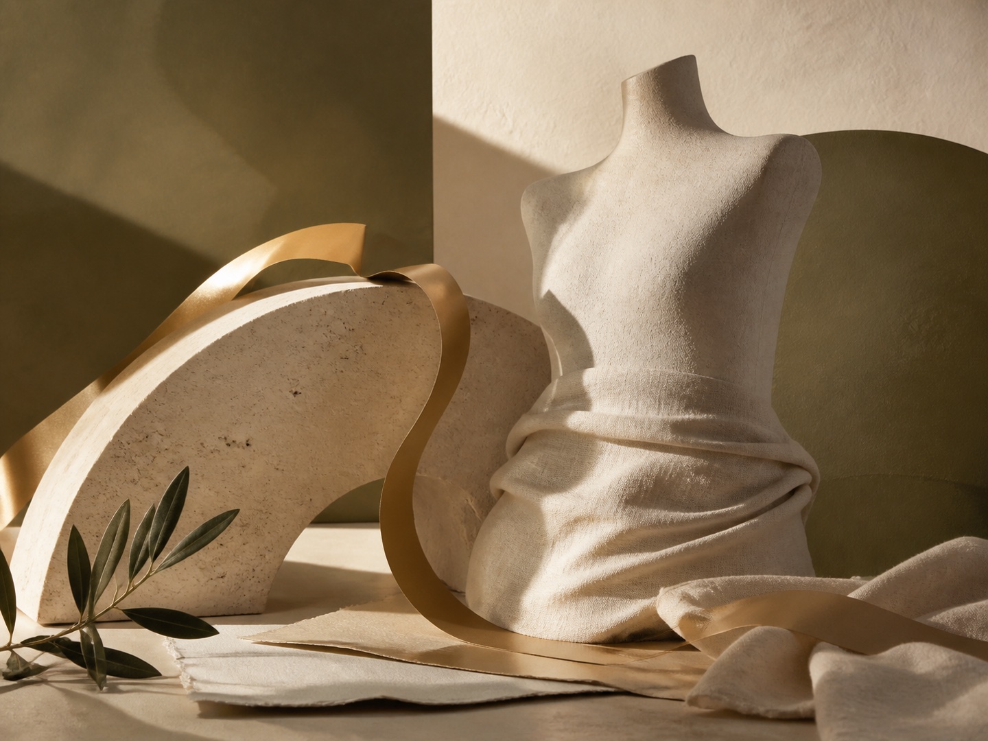 Warm editorial still life with a draped sculptural torso, curved stone, olive leaves, and a gold ribbon.